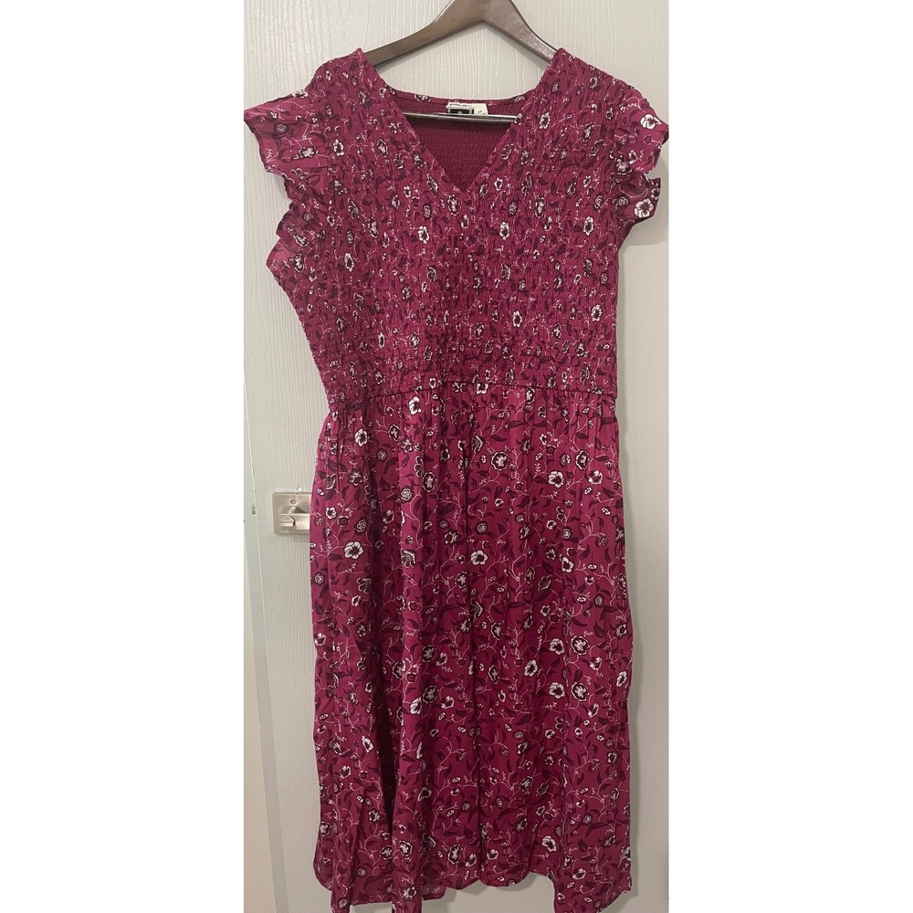 Lea Pink Floral Smocked Midi‎ Dress Womens 2X Cotton Flutter Sleeve Pockets NWT